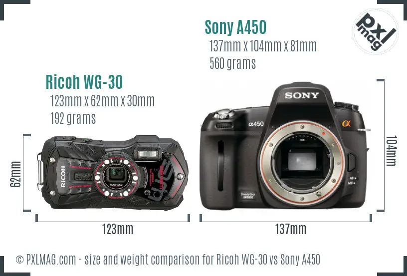 Ricoh WG-30 vs Sony A450 size comparison