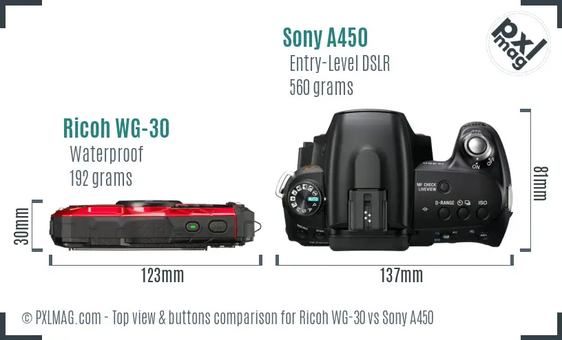 Ricoh WG-30 vs Sony A450 top view buttons comparison