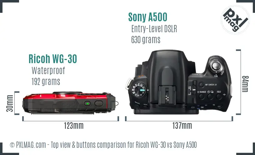 Ricoh WG-30 vs Sony A500 top view buttons comparison