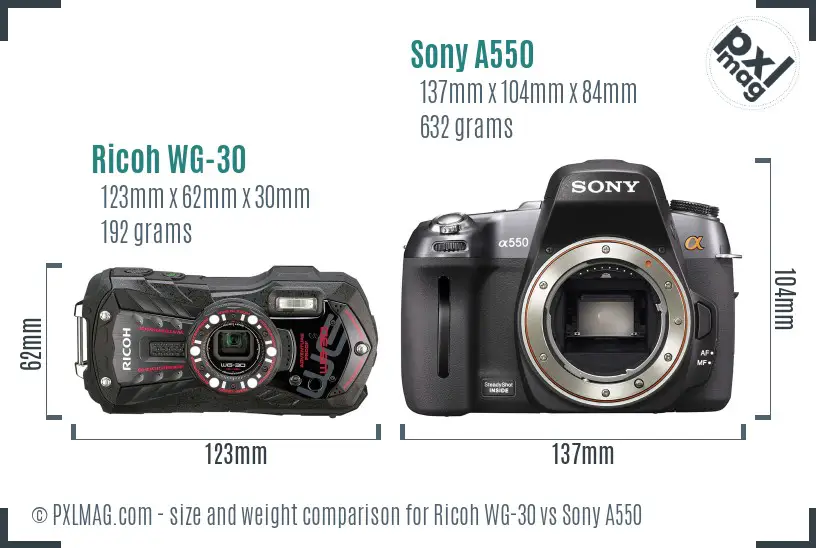Ricoh WG-30 vs Sony A550 size comparison