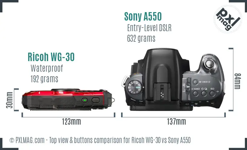 Ricoh WG-30 vs Sony A550 top view buttons comparison