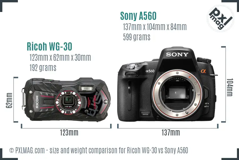 Ricoh WG-30 vs Sony A560 size comparison
