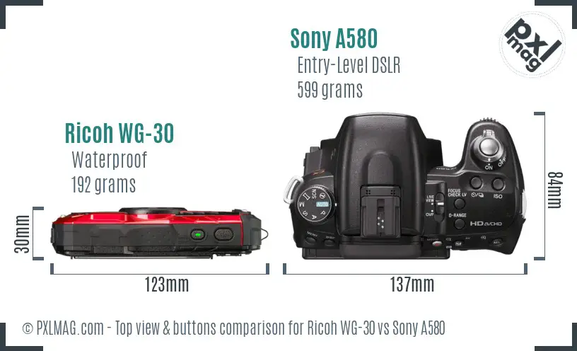 Ricoh WG-30 vs Sony A580 top view buttons comparison