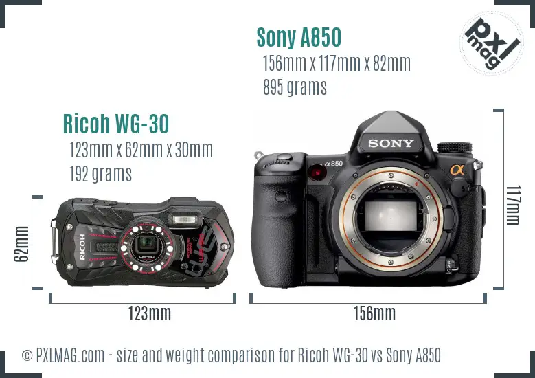 Ricoh WG-30 vs Sony A850 size comparison