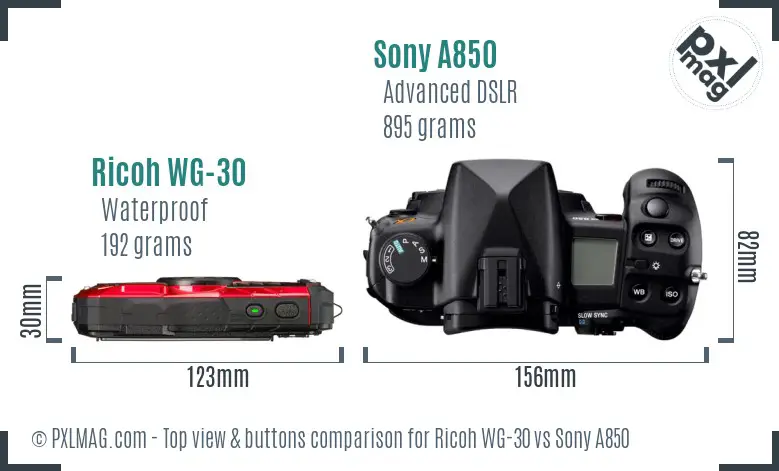 Ricoh WG-30 vs Sony A850 top view buttons comparison