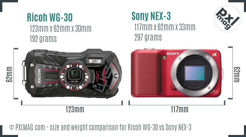Ricoh WG-30 vs Sony NEX-3 size comparison Ricoh WG-30 vs Sony NEX-3 size comparison