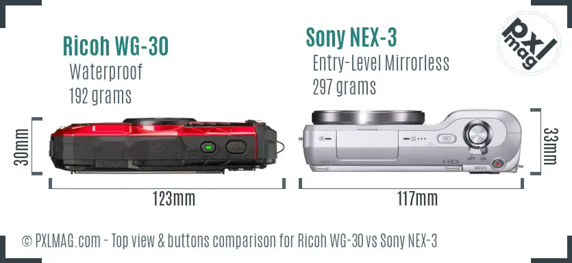 Ricoh WG-30 vs Sony NEX-3 top view buttons comparison Ricoh WG-30 vs Sony NEX-3 top view buttons comparison