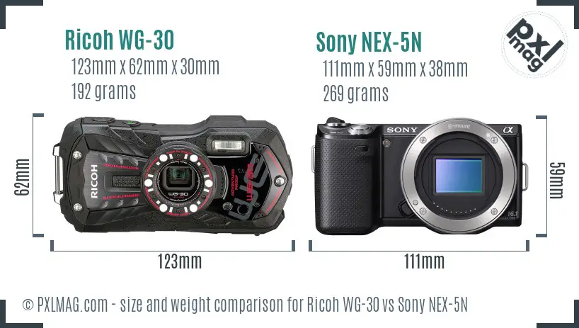 Ricoh WG-30 vs Sony NEX-5N size comparison