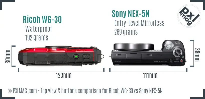 Ricoh WG-30 vs Sony NEX-5N top view buttons comparison