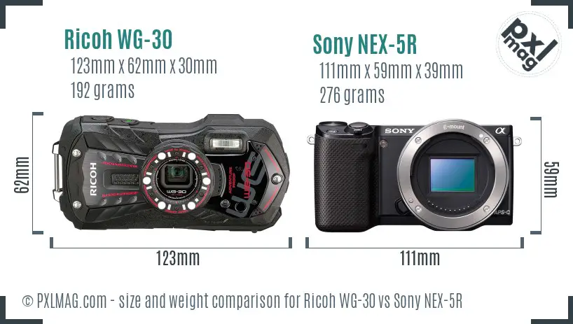 Ricoh WG-30 vs Sony NEX-5R size comparison