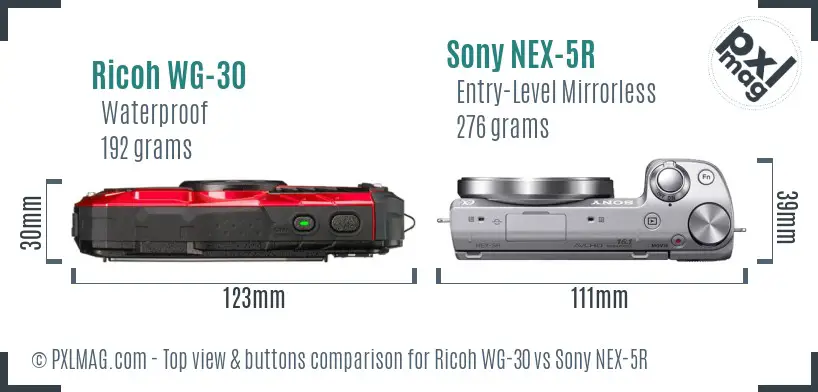 Ricoh WG-30 vs Sony NEX-5R top view buttons comparison