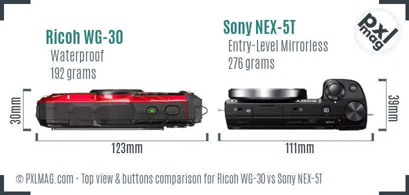 Ricoh WG-30 vs Sony NEX-5T top view buttons comparison