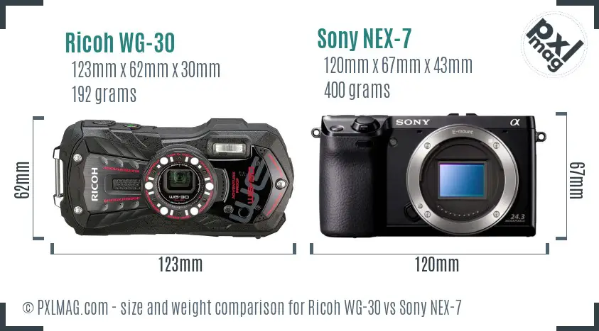 Ricoh WG-30 vs Sony NEX-7 size comparison