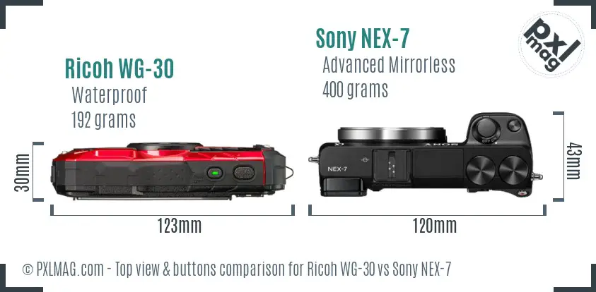 Ricoh WG-30 vs Sony NEX-7 top view buttons comparison Ricoh WG-30 vs Sony NEX-7 top view buttons comparison