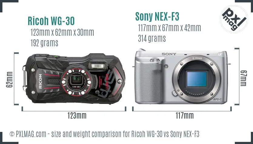 Ricoh WG-30 vs Sony NEX-F3 size comparison