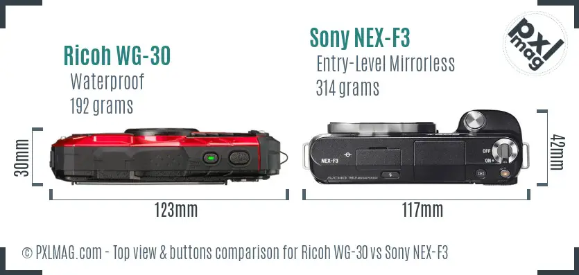 Ricoh WG-30 vs Sony NEX-F3 top view buttons comparison