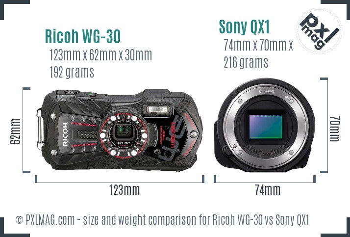 Ricoh WG-30 vs Sony QX1 size comparison Ricoh WG-30 vs Sony QX1 size comparison