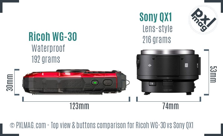 Ricoh WG-30 vs Sony QX1 top view buttons comparison