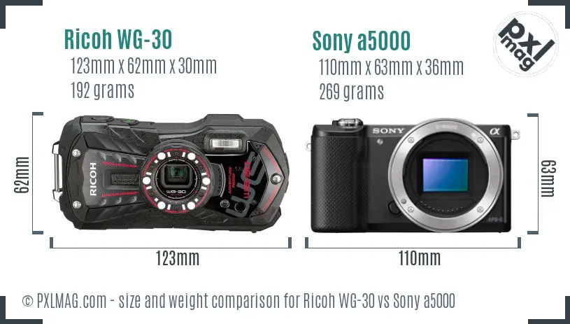Ricoh WG-30 vs Sony a5000 size comparison