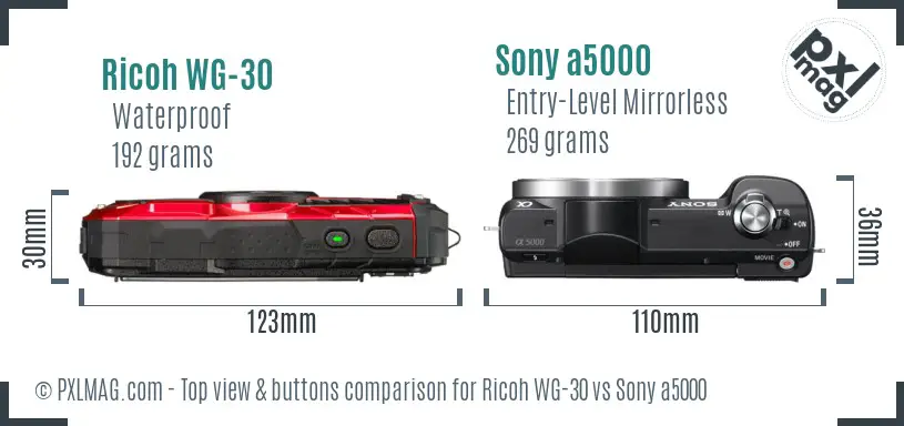 Ricoh WG-30 vs Sony a5000 top view buttons comparison