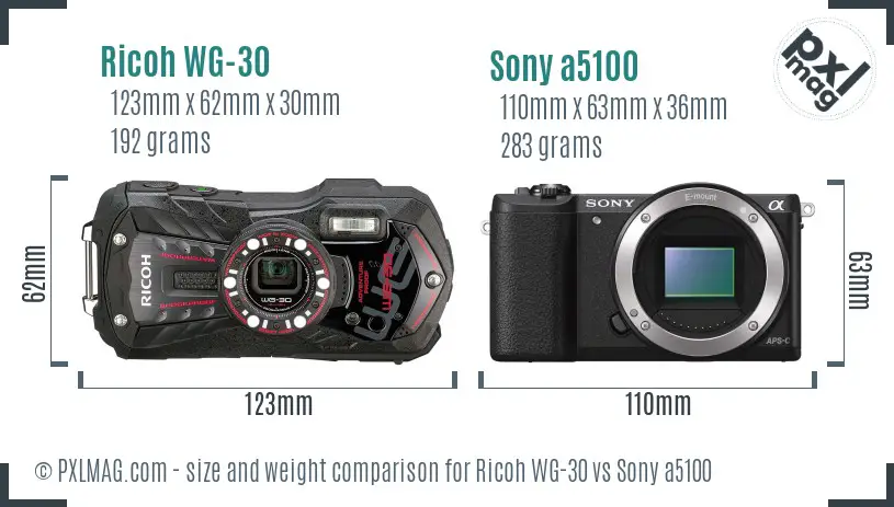 Ricoh WG-30 vs Sony a5100 size comparison