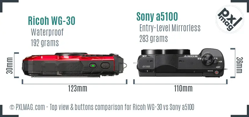 Ricoh WG-30 vs Sony a5100 top view buttons comparison