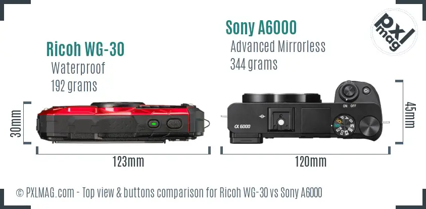 Ricoh WG-30 vs Sony A6000 top view buttons comparison
