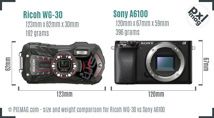 Ricoh WG-30 vs Sony A6100 size comparison