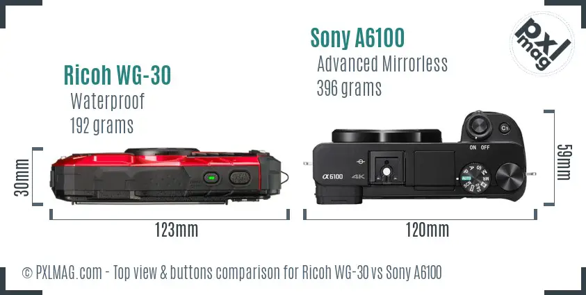 Ricoh WG-30 vs Sony A6100 top view buttons comparison