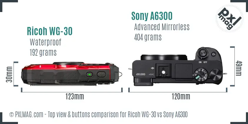 Ricoh WG-30 vs Sony A6300 top view buttons comparison Ricoh WG-30 vs Sony A6300 top view buttons comparison