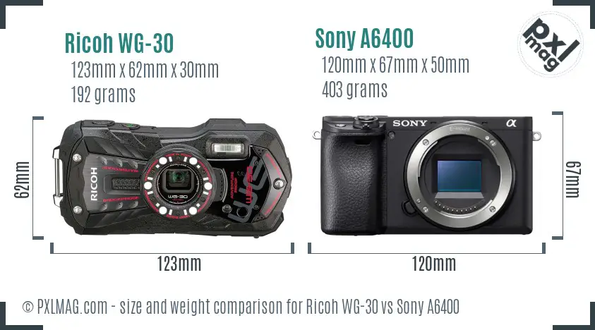 Ricoh WG-30 vs Sony A6400 size comparison