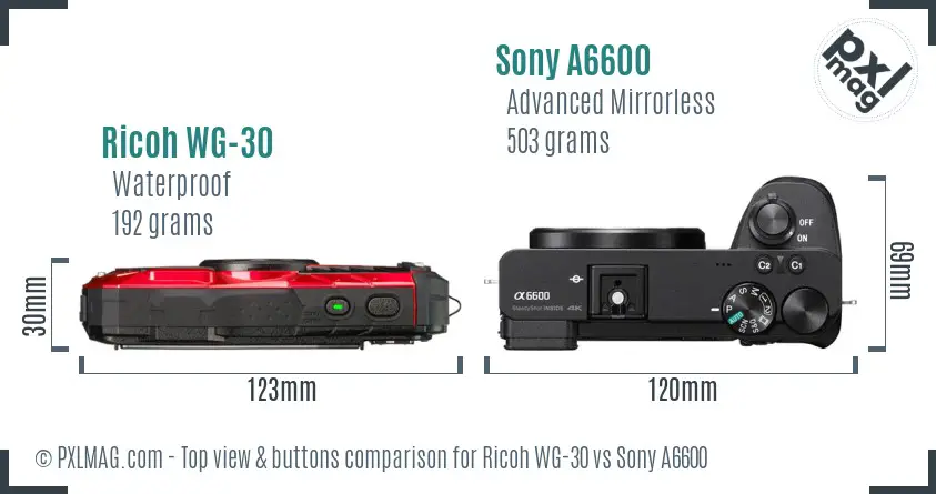 Ricoh WG-30 vs Sony A6600 top view buttons comparison