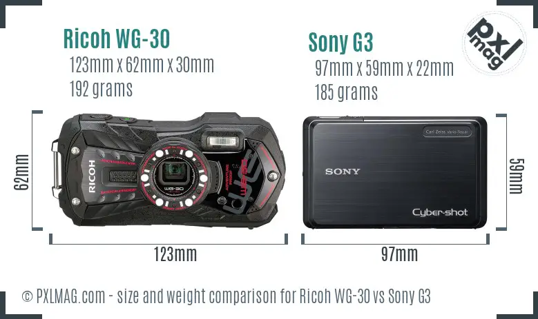 Ricoh WG-30 vs Sony G3 size comparison