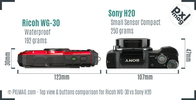 Ricoh WG-30 vs Sony H20 top view buttons comparison