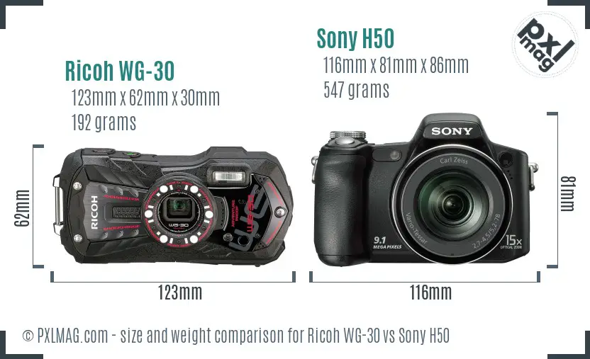 Ricoh WG-30 vs Sony H50 size comparison