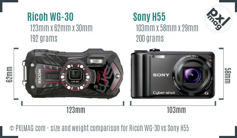 Ricoh WG-30 vs Sony H55 size comparison