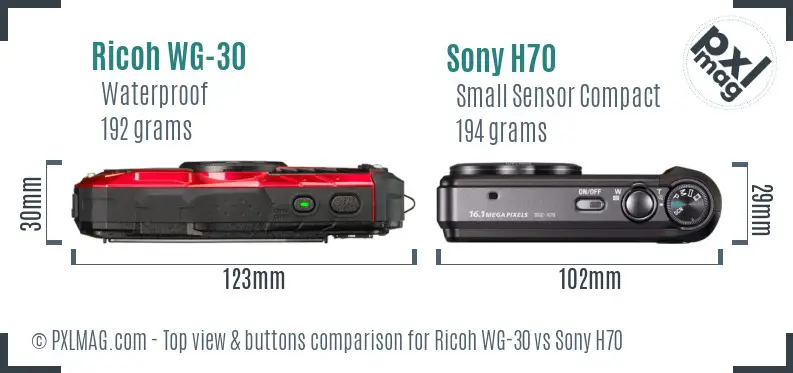 Ricoh WG-30 vs Sony H70 top view buttons comparison Ricoh WG-30 vs Sony H70 top view buttons comparison