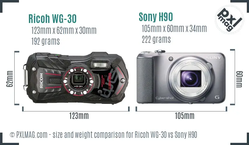 Ricoh WG-30 vs Sony H90 size comparison