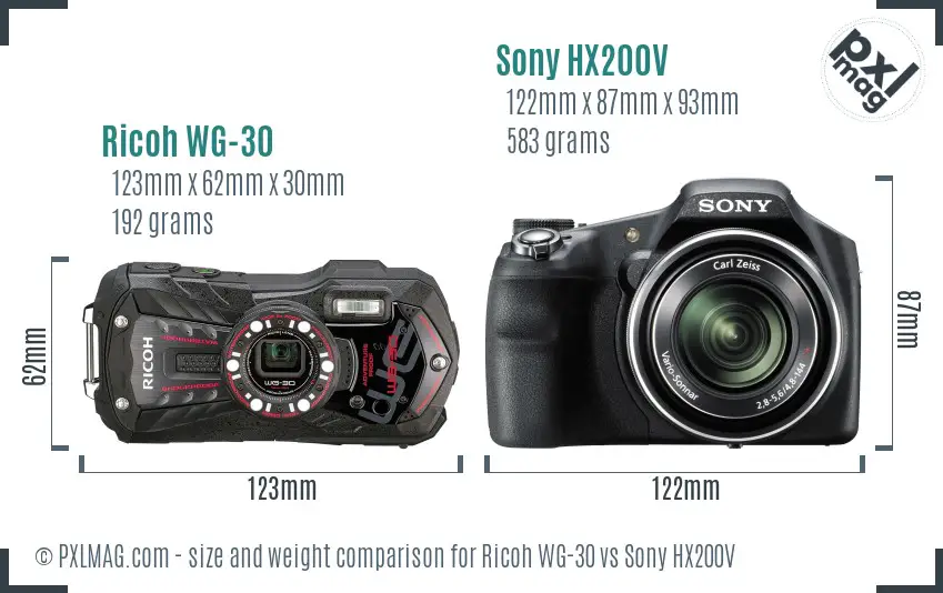 Ricoh WG-30 vs Sony HX200V size comparison