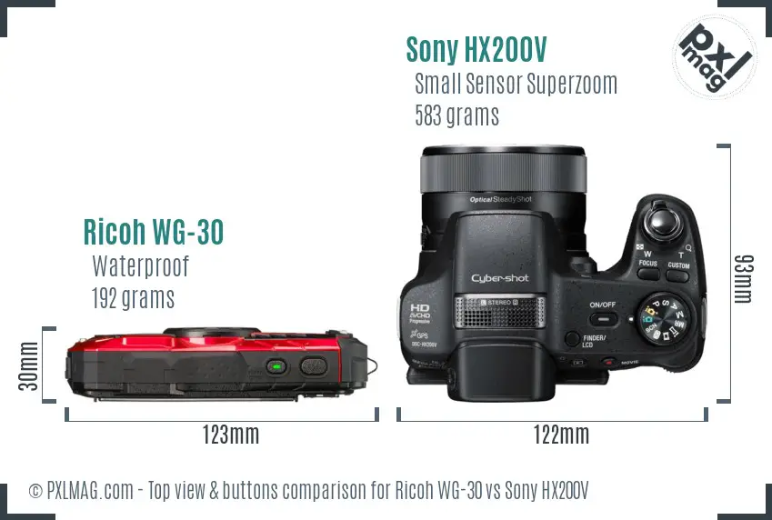 Ricoh WG-30 vs Sony HX200V top view buttons comparison