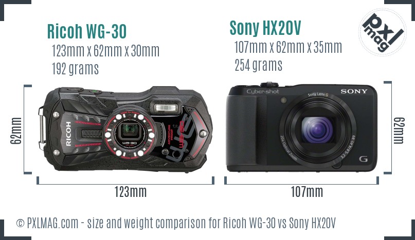 Ricoh WG-30 vs Sony HX20V size comparison