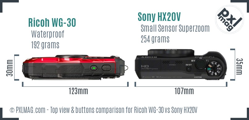Ricoh WG-30 vs Sony HX20V top view buttons comparison