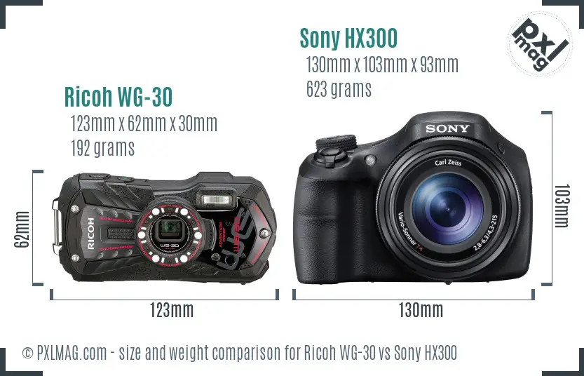 Ricoh WG-30 vs Sony HX300 size comparison