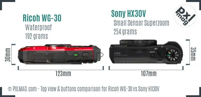 Ricoh WG-30 vs Sony HX30V top view buttons comparison