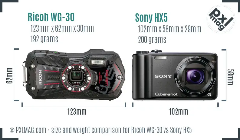 Ricoh WG-30 vs Sony HX5 size comparison