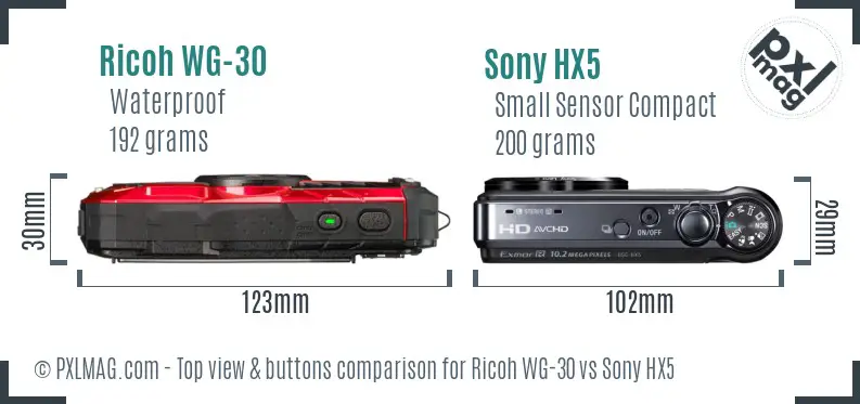 Ricoh WG-30 vs Sony HX5 top view buttons comparison