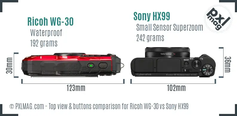 Ricoh WG-30 vs Sony HX99 top view buttons comparison