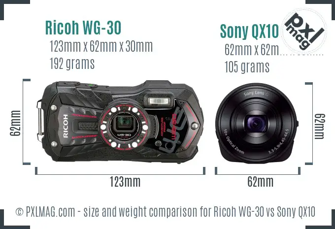 Ricoh WG-30 vs Sony QX10 size comparison