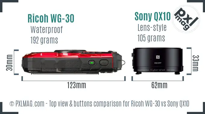 Ricoh WG-30 vs Sony QX10 top view buttons comparison