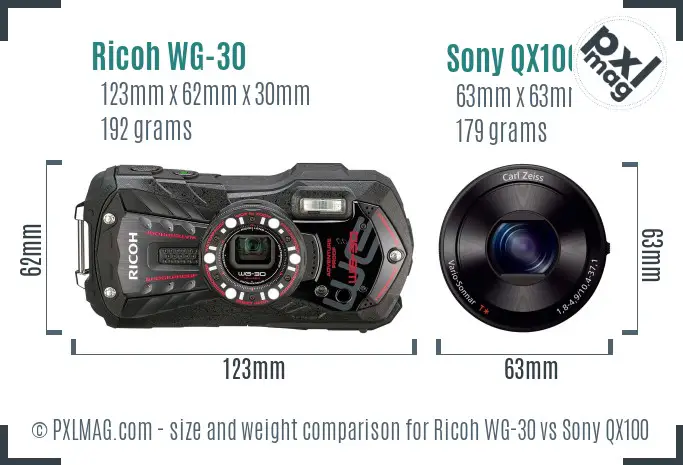 Ricoh WG-30 vs Sony QX100 size comparison